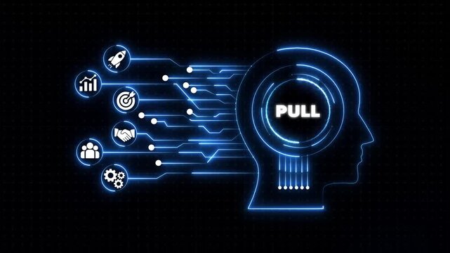 Futuristic Infographic Pull Concept with Human Head Silhouette and Glowing Blue Circuits