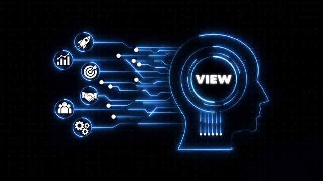 Futuristic Infographic of Human Head with V I E W Text and Representing Business Strategy and Technology