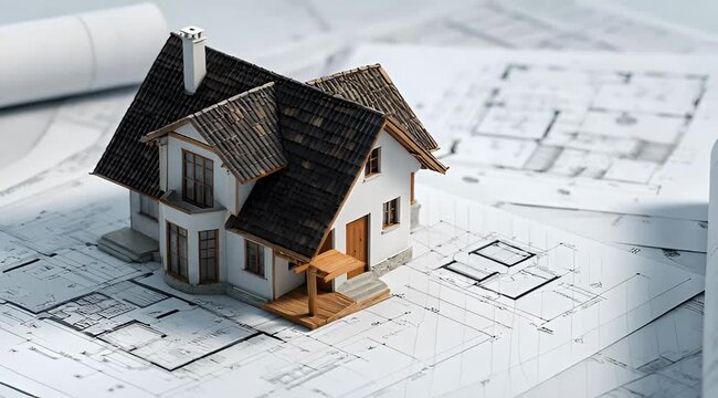 Una maqueta de una casa con tejado a dos aguas sobre un plano arquitect&oacute;nico.