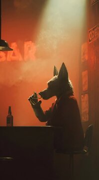 Un lobo antropom&oacute;rfico, vestido con un traje, fuma en un bar con iluminaci&oacute;n roja.
