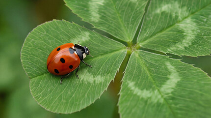 Fototapeta premium Seven-spot ladybug crawling on green four-leaf clover. Close-up of Coccinella septempunctata on Trifolium repens in garden setting.