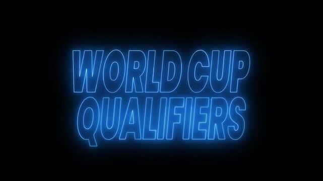 World cup qualifiers text animation on black background. 4k animated typography perfect for sports events promotions, social media posts, and advertising campaigns.