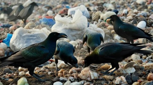 Crows eating trash on ground outside.