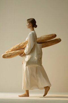 Una mujer con un vestido blanco lleva dos barras de pan en una bolsa de tela.