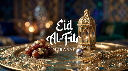 Celebrating Eid Al-Fitr with traditional dates and ornate lantern on decorative tray