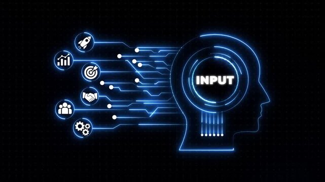 Glowing blue human head with I N P U T and representing business strategy and technology input data input