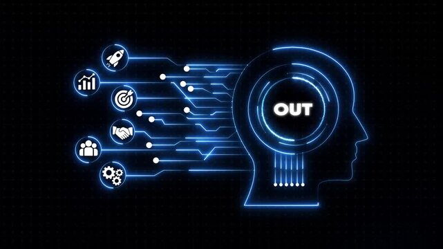 Business strategy and innovation concept with glowing blue circuits and emerging from a human head silhouette on a dark background