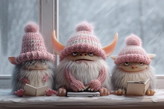 Tres criaturas peludas y adorables disfrutan de la lectura junto a una ventana nevada.