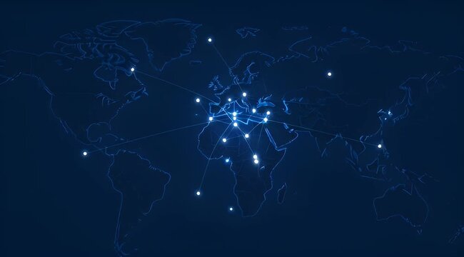 Stylized world map showing global network connections with nodes concentrated in Europe