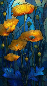 Una vibrante composici&oacute;n de amapolas doradas emergiendo de un fondo azul profundo, evocando la sensaci&oacute;n de un jard&iacute;n secreto iluminado por la luz del sol.