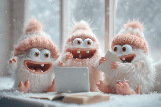 Tres criaturas peludas con gorros de lana trabajan en un port&aacute;til junto a una ventana nevada.