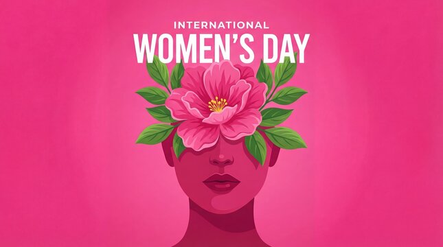 An illustration of a woman's face with a pink flower covering her eyes and the words International Women's Day written above her head on a pink background