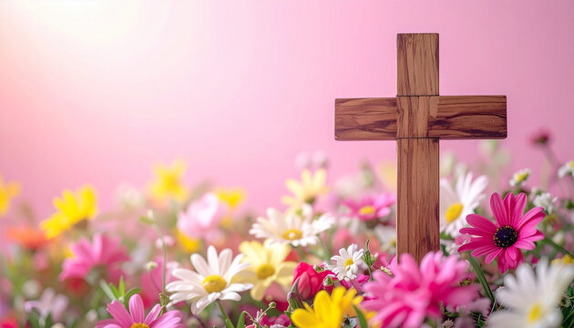 Wooden cross surrounded by colorful spring flowers on soft pink background, Easter celebration concept