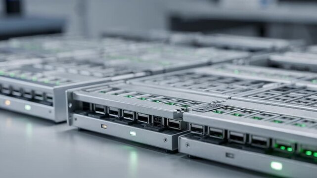 Medium view of USB duplication trays featuring closeup of USB ports and LED signals with a subtle blurred background for techfocused clarity.