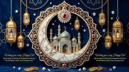 Obraz premium Celebrating Eid with crescent moon, mosque, lanterns, stars, and ornaments in a festive illustration