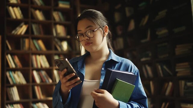Young Korean woman in glasses reading e-book on smartphone in library