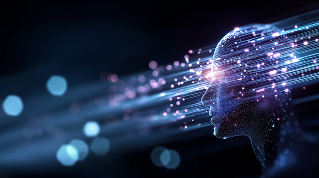 Abstract digital human head constructed from glowing data streams flowing outwards in multiple directions representing artificial intelligence consciousness and advanced