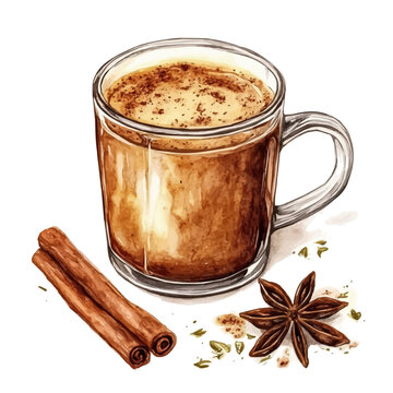 Masala Chai, watercolor painting with colorful accents, isolated on a white background.
