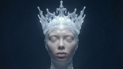 Translucent liquid crown worn by woman with eyes closed. Surrealist portrait of female character with ice-like headpiece and pale skin against dark background.
