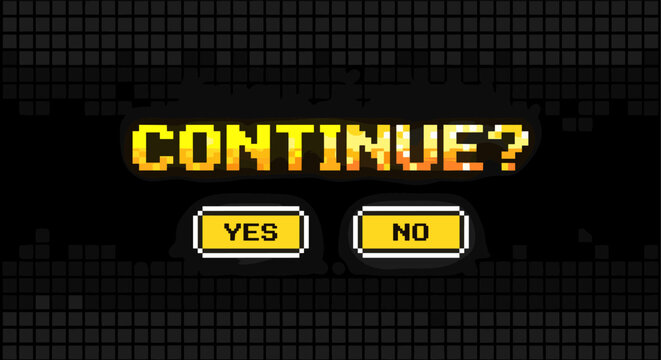 Retro pixel art game continue screen with yes or no buttons on dark grid background