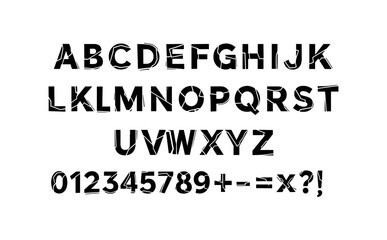 Fototapeta premium Modern distressed font alphabet and numbers in black on white background