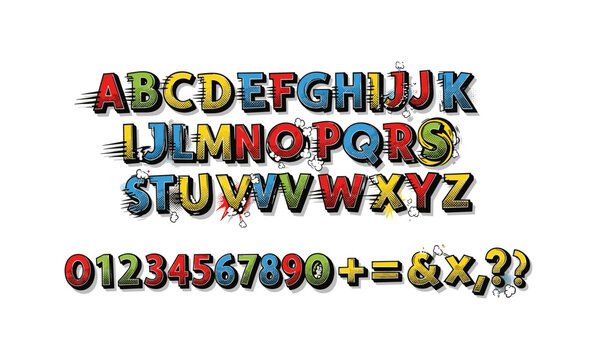Bold comic alphabet with numbers and symbols in pop art style