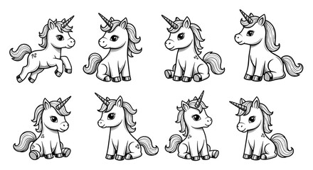 Obraz premium Adorable unicorn collection in various poses, perfect for childrens designs and fantasy themes.
