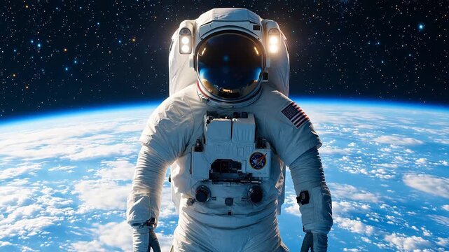 Astronaut in space suit against Earth and stars