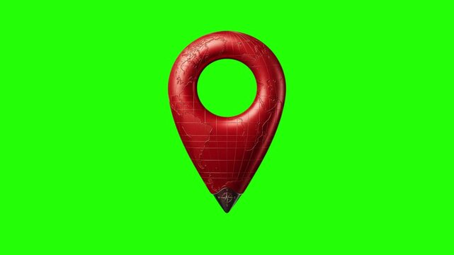 Red Global Location Pin With World Map Texture on Green Screen
