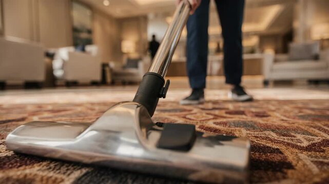 Medium shot of a worker vacuuming a patterned carpet in a hotel lobby focusing on the cleaning tool with the background slightly blurred to emphasize the task.