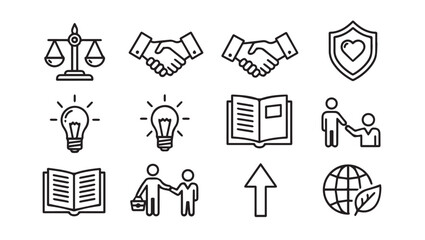 Business Icons: Law Handshake Idea Book Shield Growth Globe PeopleLine Art