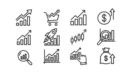Business Growth Icons: Upward Trends Sales Rocket Money Bag Magnifying Glass © VCT