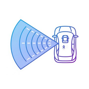 Top-down view of a car with a blue-purple gradient sensor cone extending from its front, illustrating autonomous driving technology or advanced driver-assistance systems.