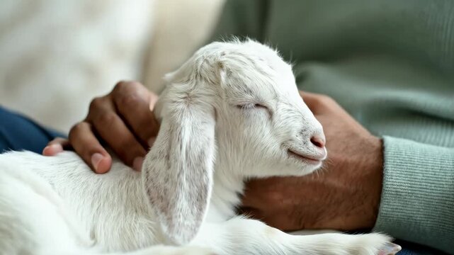 A person gently petting a cute white baby goat with closed eyes.