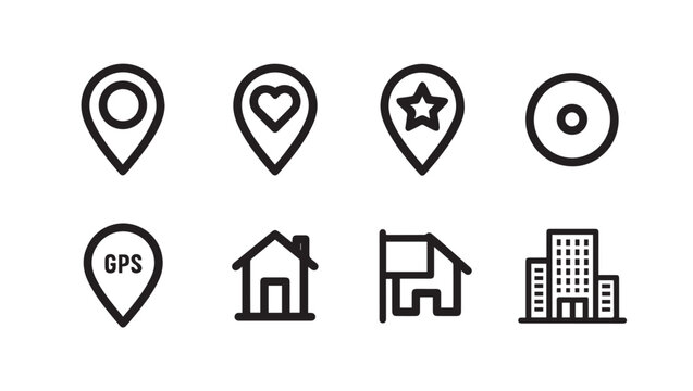 Location Pin Icons Set: Home GPS Heart Star Building Map Marker