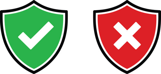 Shield icons with checkmark and cross symbols representing approval and rejection. Vector