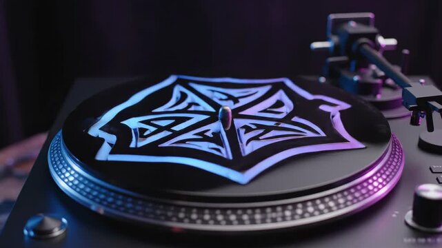 Close-up of a DJ Turntable with a Celtic Knot Slipmat Illuminated by Neon Lights.