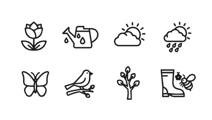 Fototapeta premium Spring Icons Set: Flower Watering Can Sun Rain Butterfly Bird Tree Boot Bee