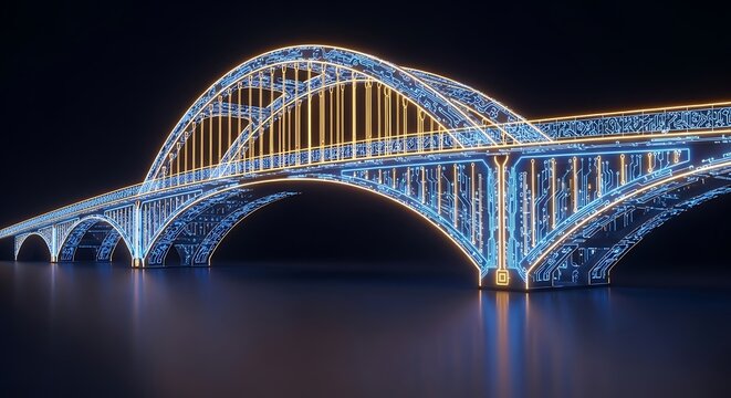 Futuristic digital arch bridge illuminating data connection and tech infrastructure for modern web concepts.