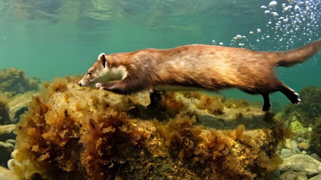 Underwater Swimming Animal - A Brown Ferret Exploring the Aquatic World.