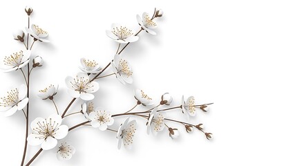 Beautiful white flowers on branch against clean white background creating serene ambiance