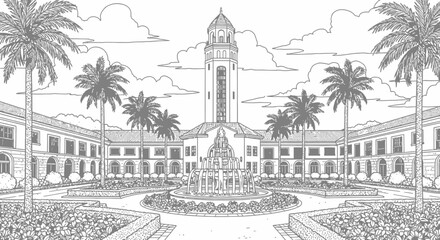 Grand architectural building with a central tower and courtyard. © dada