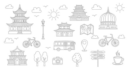 Fototapeta premium Hand drawn travel and tourism doodles with famous landmarks and transportation.