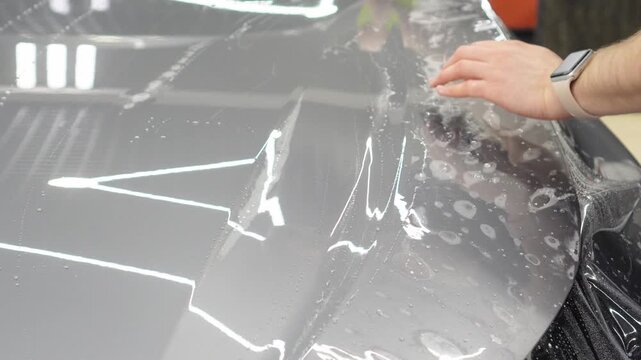 A car wrapping specialist applies a polyurethane film to the car. Detailer smoothes PPF. Car wrapping, detailing, tuning and styling. PPF protective film against chips and scratches. Car protection.
