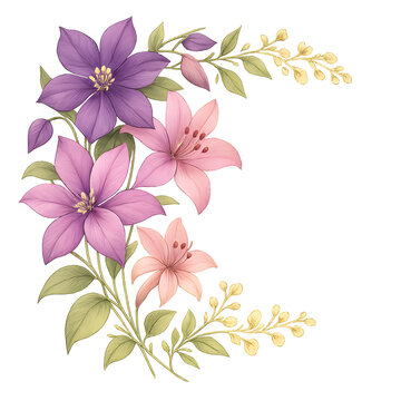 Elegant Purple and Pink Clematis Flowers with Spring Green Foliage Decorative Corner Border Design