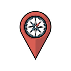 A digital illustration of a red map pin with a compass inside on a white background