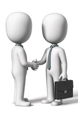 Two 3D Businessmen Shaking Hands and Holding Briefcase for Partnership Deal Success and Corporate Agreement Concept