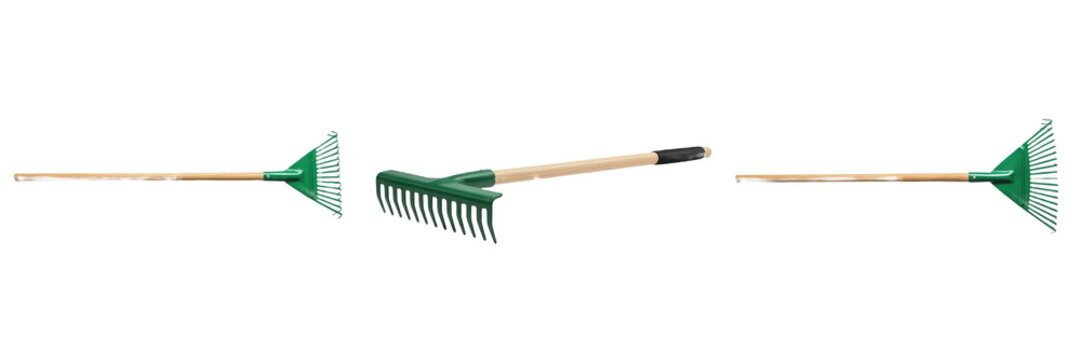 Set of Professional Garden Rakes and Leaf Rakes with Wooden Handles Isolated Transparent Background PNG