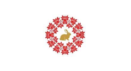 Golden Rabbit Surrounded by Red Leaves Circle.
