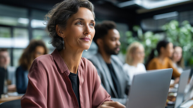 Diverse group of faceless professionals in corporate workshop on AI development female instructor supervising as team learns to code advanced machine learning models on their